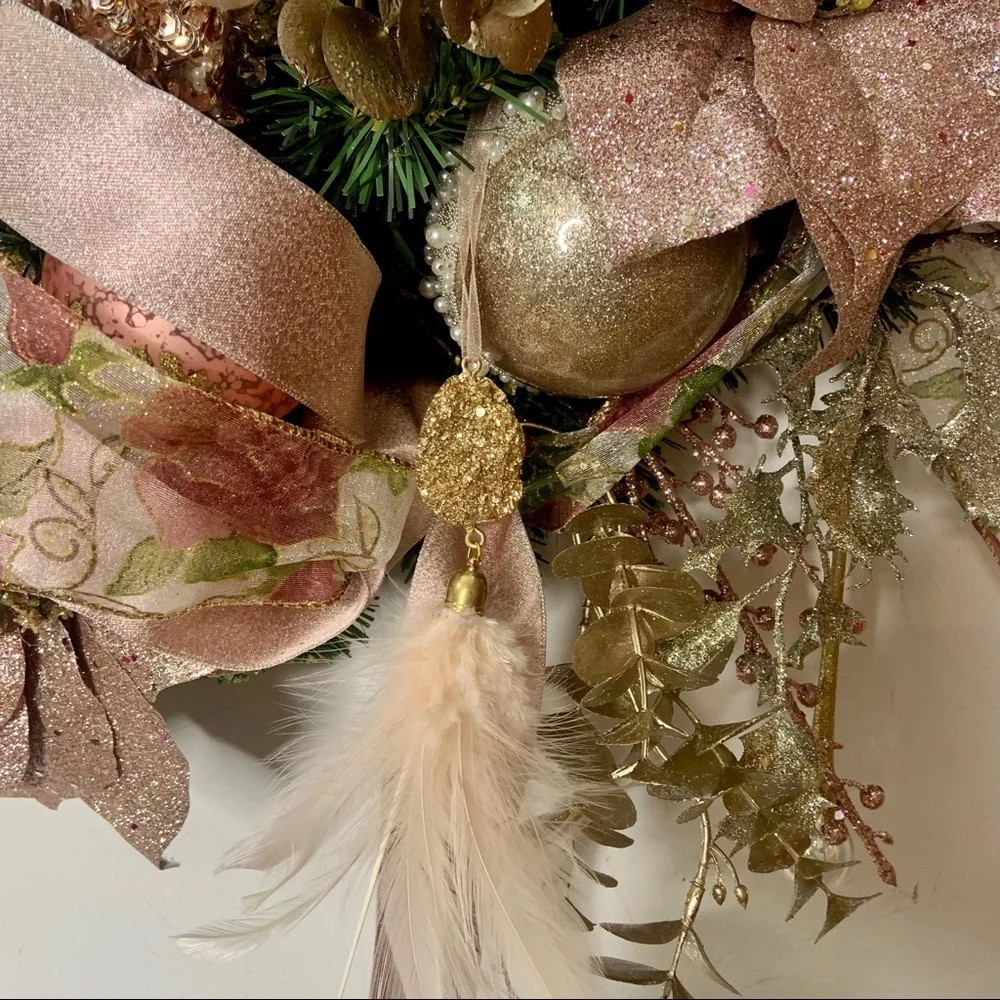 Rose Gold Blush Christmas Poinsettias Door Wall Wreath Romantic Victorian Wreath